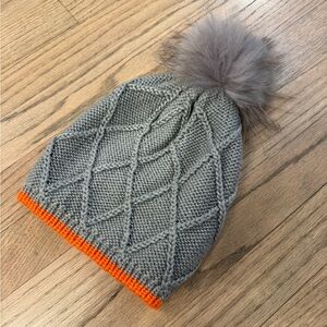 Knit Beanie with Orange Edge and Pom-Pom